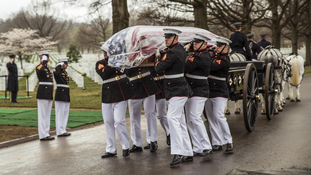 Marines transport the remains of Marine Corps Pvt. Harry K. Tye to rest at Arlington National Cemetery in Arlington, Va.,, March 28, 2017. The Marine private was killed Nov. 20, 1943, during the Battle of Tarawa. History Flight recovered his remains from Cemetery 27 on Tarawa. Marine Corps photo by Cpl. Dana Beesley
