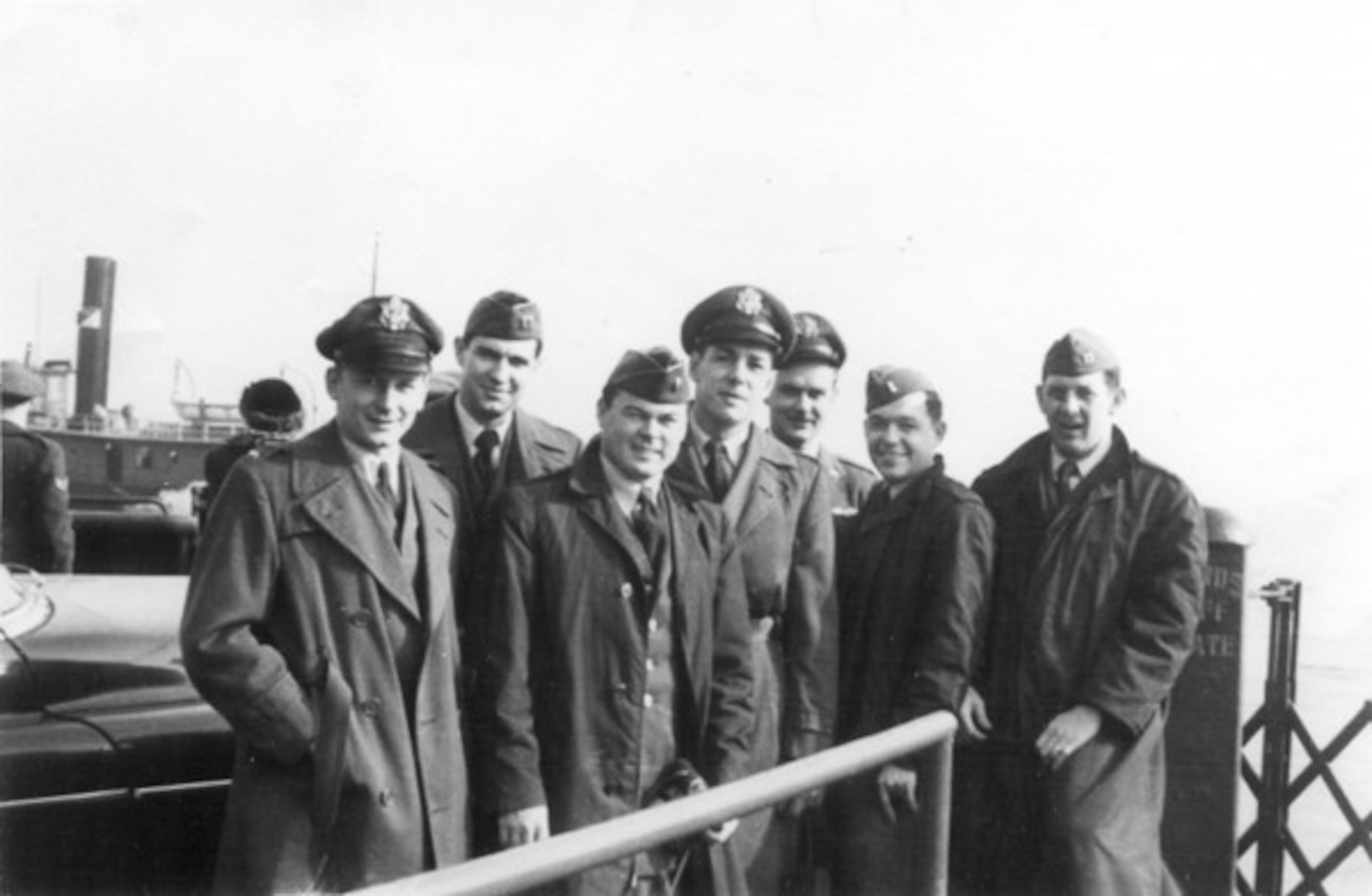 Back in the U.S.A. from the left Lt. Bud Nelson, Capt. Don Oldis, Lt. Tommy Greene, Lt. Jack Savage, Lt. Gordon Young, Lt. Dick Sulzbach and Capt. Neil Fugate return on a ship from their top secret mission in England in 1952.