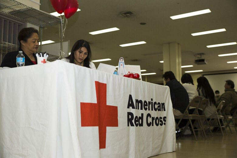 The American Red Cross Society and Japanese Red Cross Society held a blood drive at Marine Corps Air Station Iwakuni, Japan, March 7, 2017. The drive ended with a total of 59 donors, 18 more than the previous drive, and the volunteers hope to have more donors in the future. The blood drive is a biannual event normally focused on Japanese locals, one being held in March and the other in August. (U.S. Marine Corps photo by Pfc. Stephen Campbell)