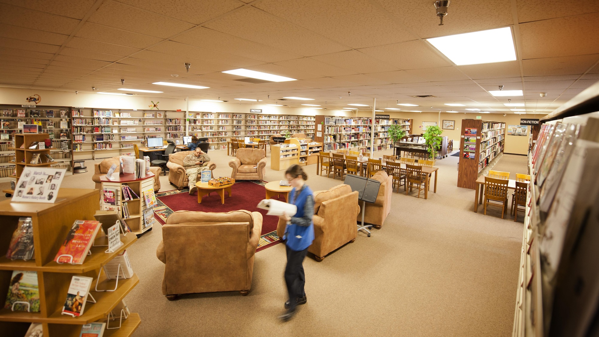 The base library provides educational resources and information to personnel at Minot Air Force Base, N.D., March 21, 2017. The MAFB library served more than 43,000 customers, saving Airmen and their families $1.73 million in 2016. (U.S. Air Force photo/Senior Airman J.T. Armstrong)