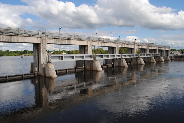 Water flows through the spillway at W.P. Franklin Lock & Dam near Fort Myers.  