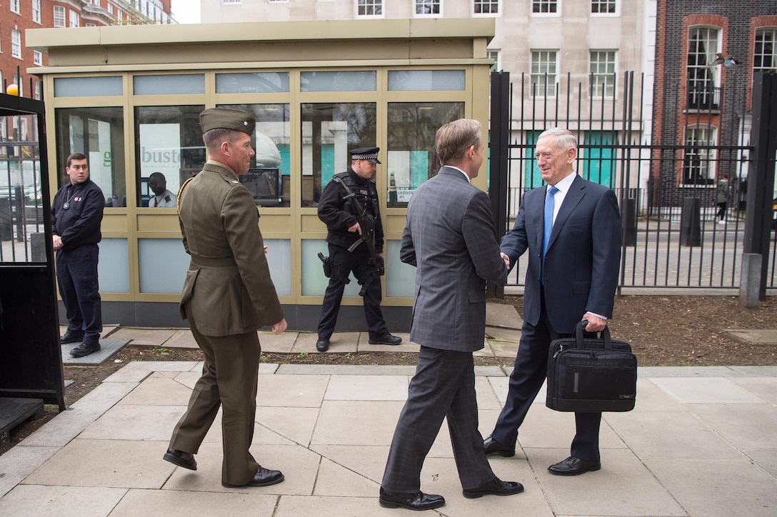 Defense Secretary Jim Mattis shakes hands with U.S. Ambassador to the United Kingdom Lewis Lukens at the U.S. Embassy in London, March 31, 2017. DoD photo by Army Sgt. Amber I. Smith