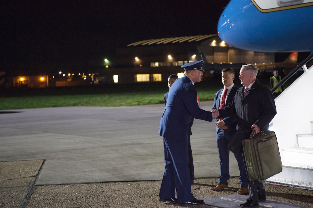 Defense Secretary Jim Mattis arrives in London for meetings with top British officials, including Defense Secretary Michael Fallon.