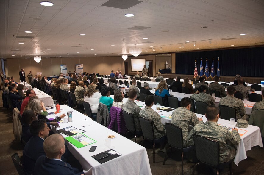 PETERSON AIR FORCE BASE, Colo. – Military and civilian financial management professionals from Colorado, Utah and Wyoming attend an American Society of Military Comptrollers Regional Professional Development Institute conference at the Club, March 30, 2017, at Peterson Air Force Base, Colo. The conference brought together over 110 participants for training and open briefings from 15 different subject matter experts on various financial management topics. (U.S. Air Force photo by Staff Sgt. Tiffany Lundberg)