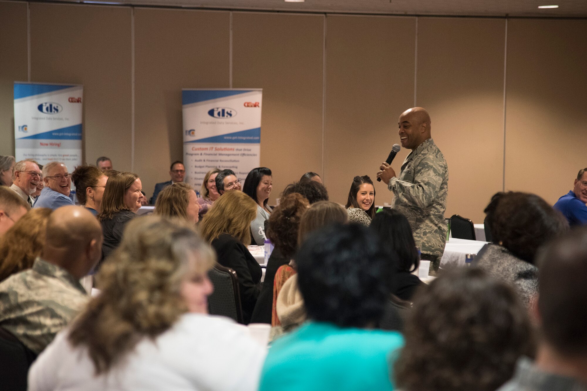 PETERSON AIR FORCE BASE, Colo. - Brig. Gen. Trent Edwards, Air Force Space Command financial management and comptroller director, discusses unconscious bias during an American Society of Military Comptrollers Regional Professional Development Institute conference at the Club, March 30, 2017, at Peterson Air Force Base, Colo. The conference brought together over 110 participants for training and open briefings from 15 different subject matter experts on various financial management topics. (U.S. Air Force photo by Staff Sgt. Tiffany Lundberg)