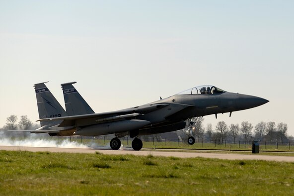 An F-15C Eagle crew chief performs maintenance at Leeuwarden Air Base, Netherlands, March 24, 2017. F-15C's from the Lousiana and Florida Air National Guard's 159th Expeditionary Fighter Squadron deployed to Europe to participate in a theater security package. The F-15s will conduct training alongside NATO allies to strengthen interoperability and to demonstrate U.S. commitment to the security and stability of Europe. (U.S. Air Force photo/Tech. Sgt. Staci Miller)