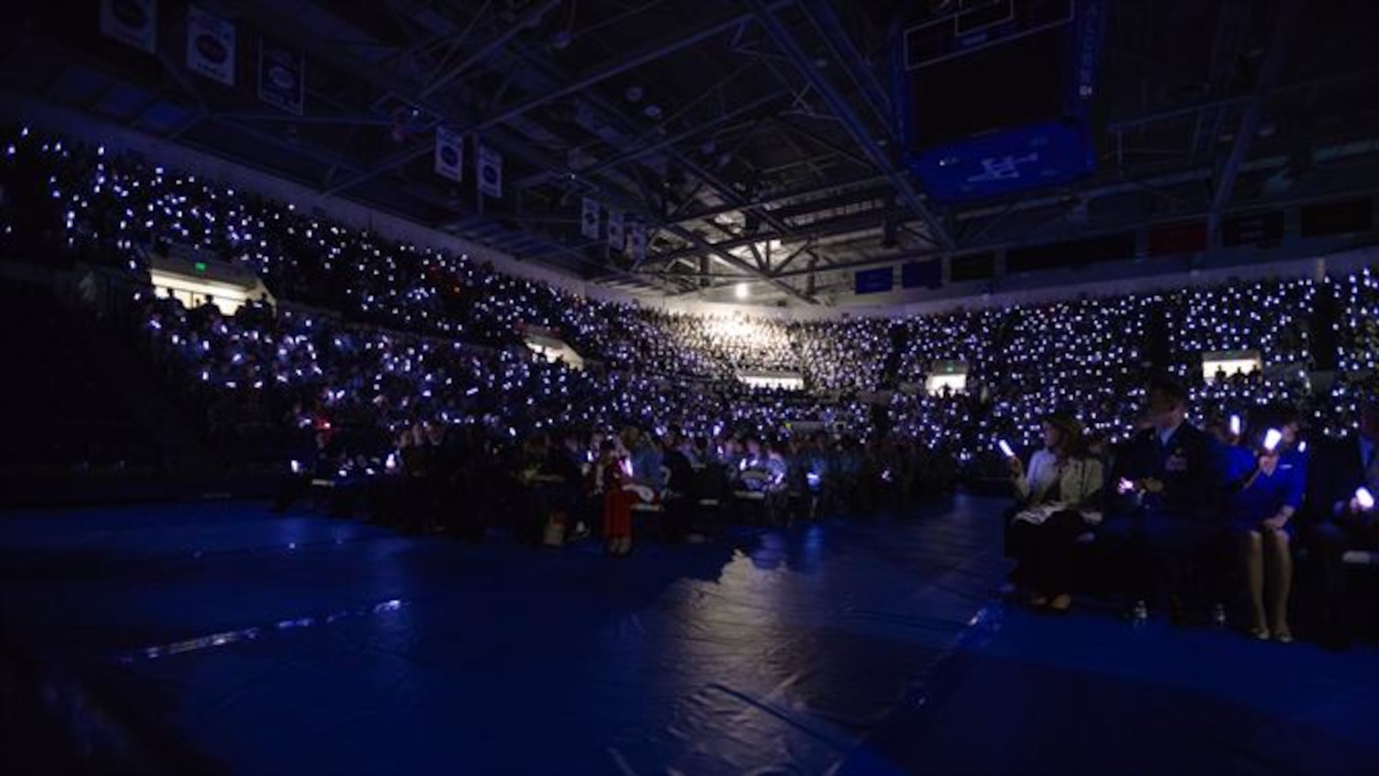 Cadets at the U.S. Air Force Academy rally in Clune Arena to show support of victims of sexual assault in 2015. This year, Airmen across the globe will take part in Sexual Assault Awareness and Prevention month in April to increase awareness, prevent sexual assault and show care and concern for the victims of this crime. (U.S. Air Force photo/Liz Copan)

 
