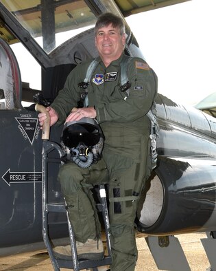 Gary Dedeaux, 14th Operations Group Honorary Commander and owner of Gary’s Pawn and Gun, poses for a photo before a flight March 22, 2017, on Columbus Air Force Base, Mississippi. Dedeaux and his family visited the base to take flight in a T-38C Talon. 