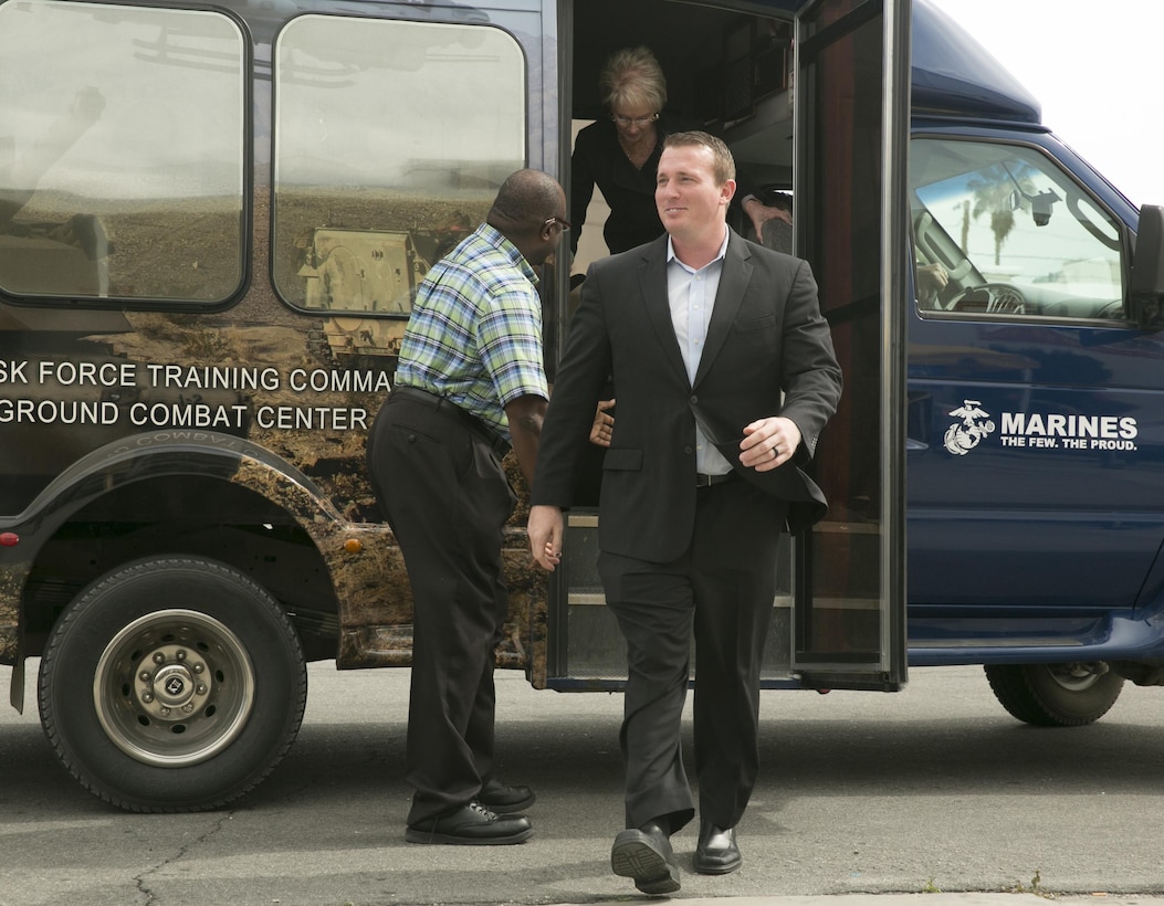 Dakota Meyer, retired sergeant and Medal of Honor recipient, visits Marine Corps Air Ground Combat Center, Twentynine Palms, Calif., March 22, 2017, as part of the Hiring Our Heroes Tour. Hiring Our Heroes, a program created by the U.S. Chamber of Commerce Foundation, was launched in 2011 as a nationwide initiative to help veterans, transitioning service members, and military spouses find meaningful employment opportunities. Meyer earned the Medal of Honor for his actions during the Battle of Ganjgal on September 8, 2009, in Kunar Province, Afghanistan. (U.S. Marine Corps photo by Lance Cpl. Natalia Cuevas)