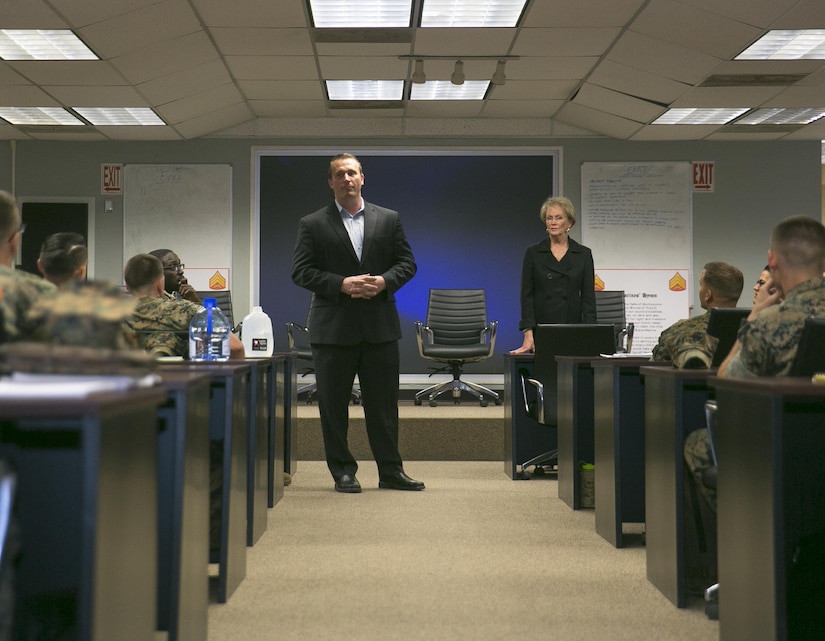 Dakota Meyer, retired sergeant and Medal of Honor recipient, speaks to Marines in Sergeants Course aboard Marine Corps Air Ground Combat Center, Twentynine Palms, Calif., as part of the Hiring our Heroes March 22, 2017. Hiring Our Heroes, a program created by the U.S. Chamber of Commerce Foundation, was launched in 2011 as a nationwide initiative to help veterans, transitioning service members, and military spouses find meaningful employment opportunities. Meyer earned the Medal of Honor for his actions during the Battle of Ganjgal on September 8, 2009, in Kunar Province, Afghanistan. (U.S. Marine Corps photo by Lance Cpl. Natalia Cuevas)