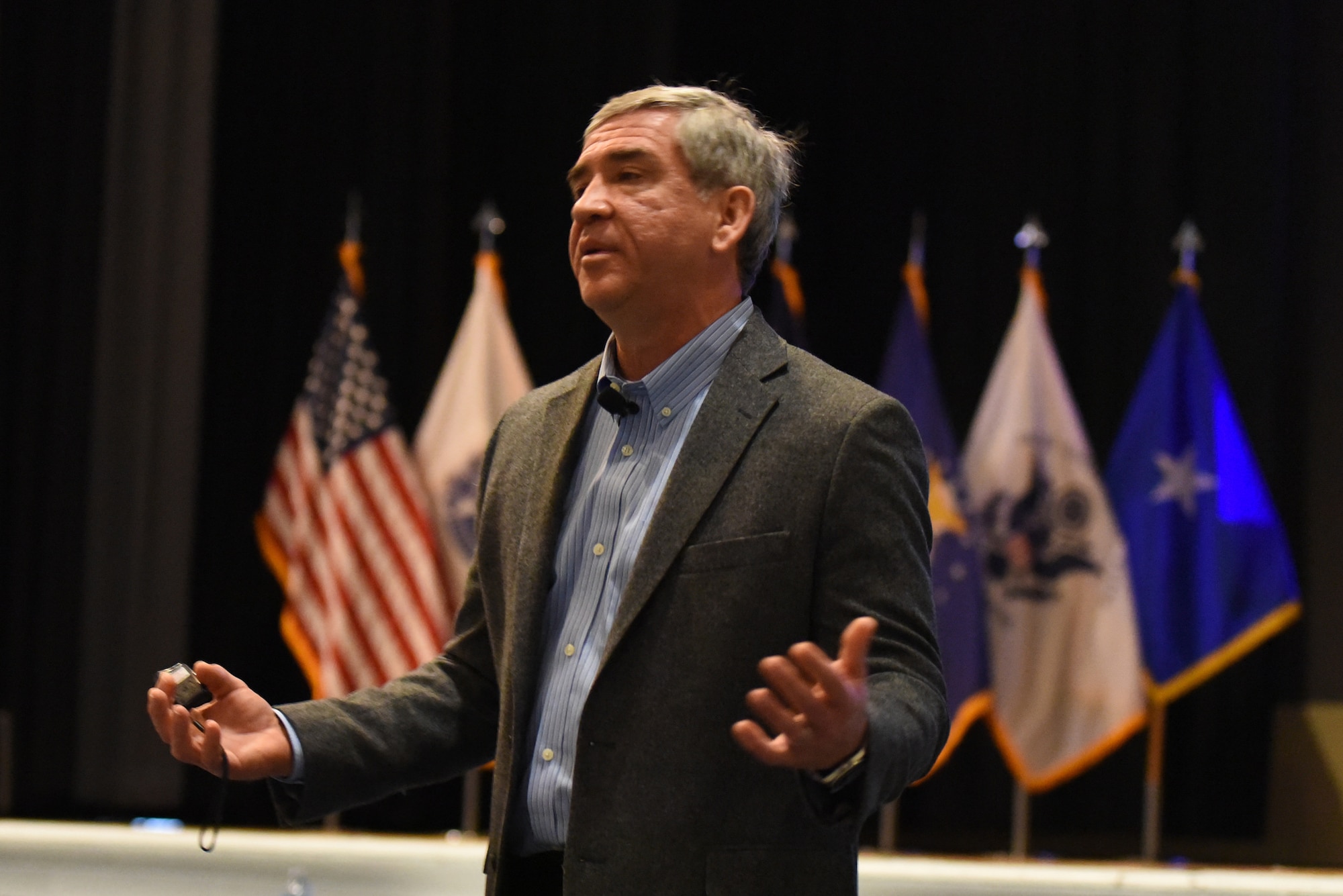 Ret. Chief Warrant Officer 4 Michael Durant, the helicopter pilot captured during The Battle of Mogadishu, delivers a professional development seminar at Joint Base McGuire-Dix-Lakehurst, New Jersey, March 28, 2017. Durant shared insight and lessons learned during his time in service. 