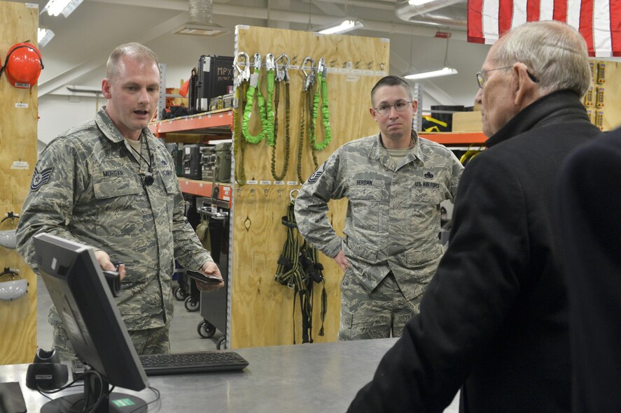 Tech. Sgt. Joshua Morgan, 5th Maintenance Squadron consolidated tool-kit custodian, demonstrates equipment check-out procedures to Gen. (ret) Larry Welch, Defense Science Board nuclear weapon surety task force chairman, at Minot Air Force Base, N.D., March 22, 2017. The Independent Senior Assessment Group was formed by Gen. Robin Rand, AFSSC commander, to continue assessing the health and status of the nuclear enterprise. (U.S. Air Force photos/Airman 1st Class Jessica Weissman)