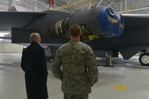 Staff Sgt. Kevin Sofranko, 5th Maintenance Squadron phase dock controller, gives a B-52H Stratofortress dock tour to Gen. (ret) Larry Welch, Defense Science Board nuclear weapon surety task force chairman, at Minot Air Force Base, N.D., March 22, 2017. The team visited to focus on upgrades in maintenance, support and operation facilities and current concerns for bomber and missileer Airmen. (U.S. Air Force photos/Airman 1st Class Jessica Weissman)