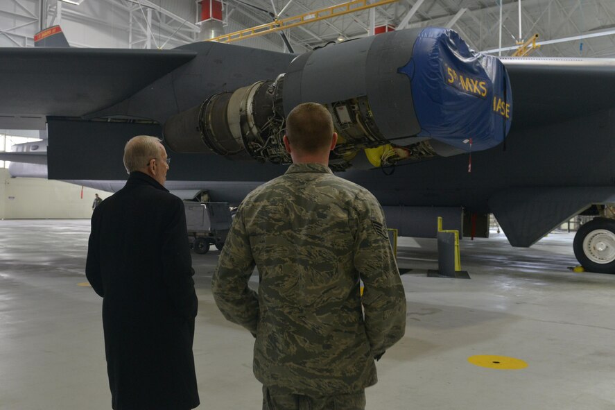 Staff Sgt. Kevin Sofranko, 5th Maintenance Squadron phase dock controller, gives a B-52H Stratofortress dock tour to Gen. (ret) Larry Welch, Defense Science Board nuclear weapon surety task force chairman, at Minot Air Force Base, N.D., March 22, 2017. The team visited to focus on upgrades in maintenance, support and operation facilities and current concerns for bomber and missileer Airmen. (U.S. Air Force photos/Airman 1st Class Jessica Weissman)