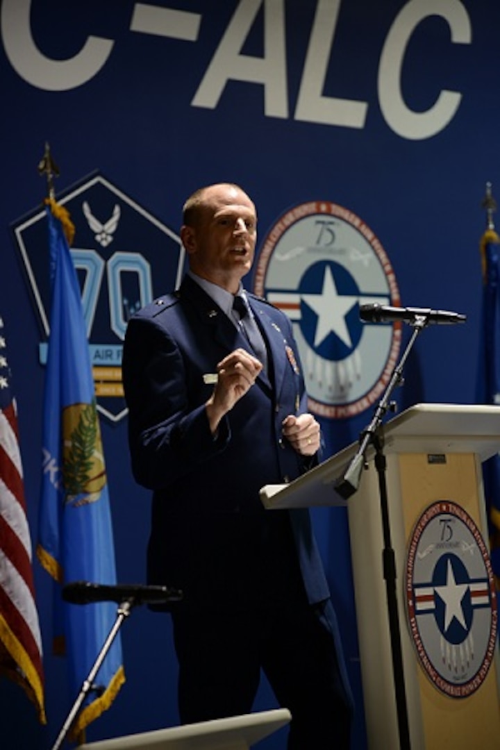 DLA Energy Commander Air Force Brig. Gen. Martin Chapin provides opening remarks during the ribbon cutting ceremony at Tinker Air Force Base, Oklahoma, March 29. The largest energy savings contract in Air Force history is projected to save $626 million in energy and operational costs over 21 years. 