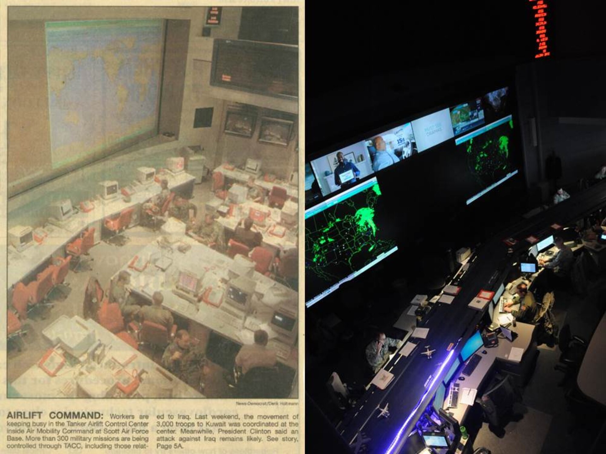 Established April 1, 1992, the 618th Air Operations Center (Tanker Airlift Control Center) celebrates 25 years of enabling aerial and ground operations worldwide through the command and control of airlift and aerial refueling assets. 

The picture on the left was taken in 1998 and next to it is today's 618th AOC (TACC). A lot has changed in the past quarter-century, but the unwavering support AMC’s “crown jewel” has provided to global operations has remained the same.   