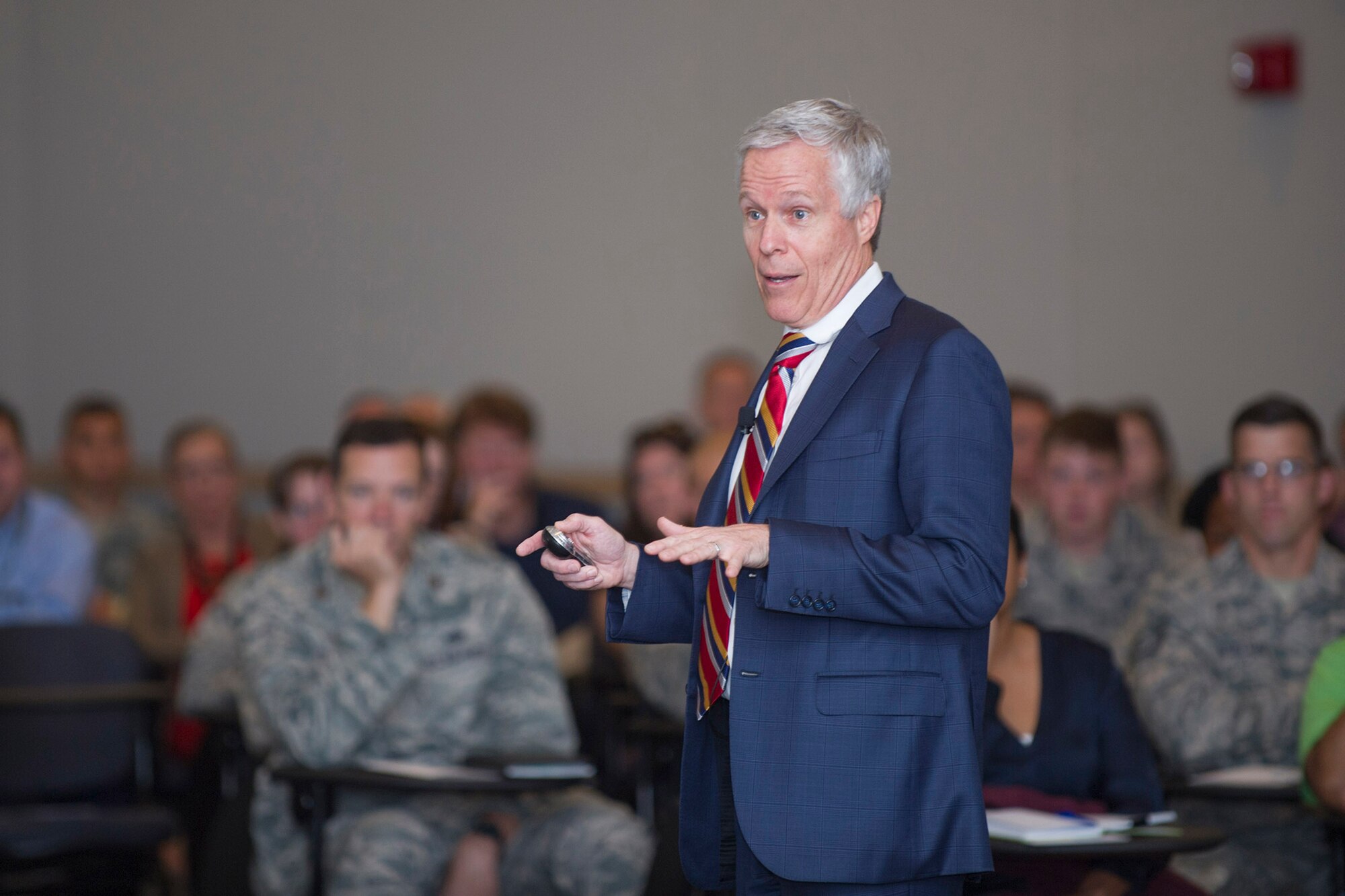 Joseph Grenny, social scientist for business performance, shares his passion about how human behavior affects an organization March 30, 2017, at Patrick Air Force Base, Fla. Grenny provided insight about how to communicate effectively when it matters most and when to step up to life's most important conversations in order to achieve positive results.  (U.S. Air Force photo by Phil Sunkel) 