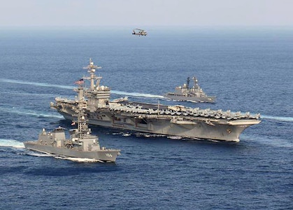 USS Carl Vinson (CVN 70) and Japan Maritime Self-Defense Force (JMSDF) ships steam in formation at the conclusion of a bilateral exercise to increase proficiency in basic maritime skills and improve response capabilities, Mar. 29, 2017. Over a three-day period the Carl Vinson Carrier Strike Group and JMSDF ships conducted multiple maneuvers testing their communications interoperability and ship handling techniques. The Carl Vinson Carrier Strike Group is on a regularly scheduled Western Pacific deployment as part of the U.S. Pacific Fleet-led initiative to extend the command and control functions of U.S. 3rd Fleet. U.S Navy aircraft carrier strike groups have patrolled the Indo-Asia-Pacific regularly and routinely for more than 70 years. 