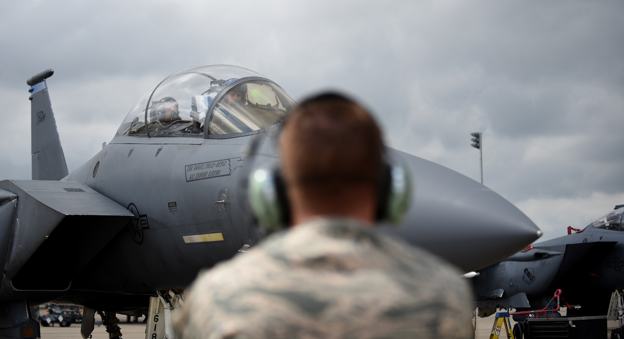 His Excellency Khalid Mohammad Al Attiyah, Qatar's Minister of State for Defense Affairs, and Capt. Scott Harbison, 334th Fighter Squadron pilot, taxi to the end of the runway in an F-15E Strike Eagle, March 28, 2017, at Seymour Johnson Air Force Base, North Carolina. His Excellency experienced his first F-15E flight in preparation for a potential purchase of an F-15QA fleet and praised the aircraft’s capabilities. (U.S. Air Force photo by Airman 1st Class Kenneth Boyton)