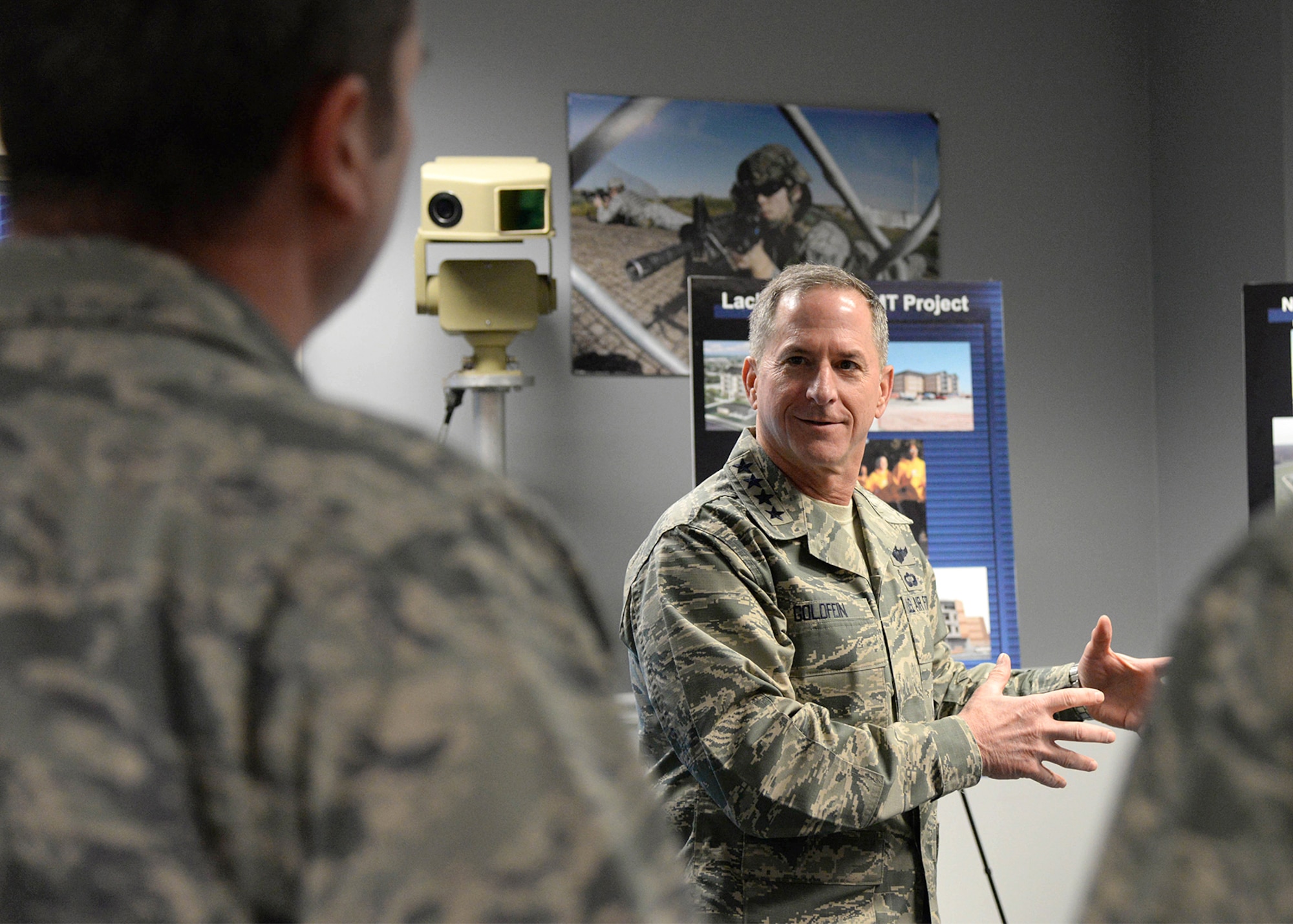 Air Force Chief of Staff Gen. David L. Goldfein meets with Airmen at Hanscom Air Force Base, Mass., March 28. Goldfein met personnel who develop and acquire cutting-edge force protection equipment for the Air Force, and with those who work on numerous other critical weapons systems. (U.S. Air Force photo by Linda LaBonte Britt)