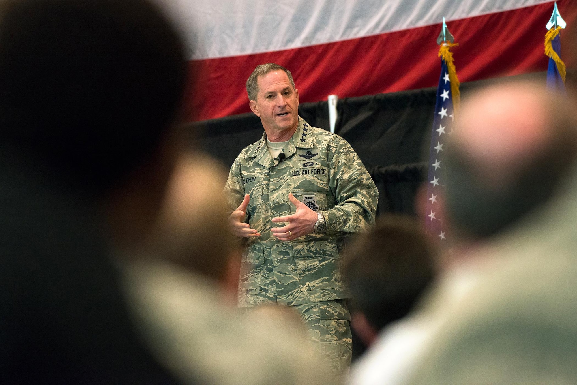 Air Force Chief of Staff David L. Goldfein speaks with members of the workforce during an all call at Hanscom Air Force Base, Mass., March 30. Goldfein highlighted how important Hanscom's work is and shared his thoughts about the future of the Air Force, including attributes for future fights and his major focus areas. (U.S. Air Force photo by Mark Herlihy)