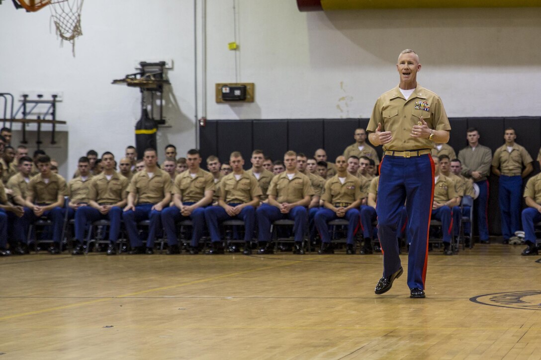 Col. Tyler J. Zagurski, commanding officer of Marine Barracks Washington D.C., speaks to Marines during the MBW birthday ceremony at Marine Barracks Washington, D.C., March 31, 2017. Marine Barracks Washington, D.C., also known as "8th & I," is the oldest active post in the Marine Corps. It was founded by President Thomas Jefferson and Lt. Col. William Ward Burrows, the second commandant of the Marine Corps, in 1801. Each year the Marines of MBW celebrate the establishment of the “Oldest Post of the Corps” and will continue with this tradition for many years to come.