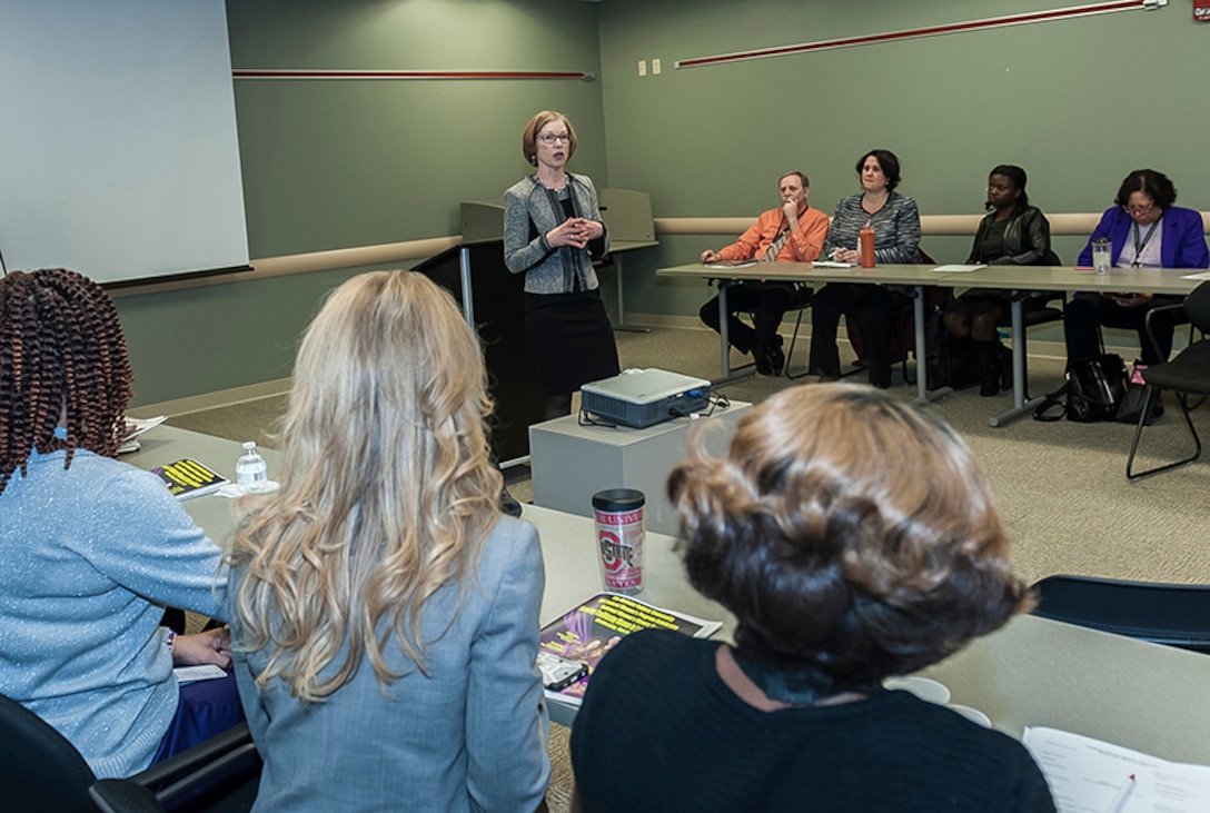 Deborah P. Haven, deputy director of Maritime Customer Operations at Defense Logistics Agency Land & Maritime conducts a workshop for federal employees titled, “Moving Strategy into Action.” The workshop was part of the Mar. 22 Women's Summit at Defense Supply Center Columbus. Haven is also a rear admiral in the navy reserve and director of the DLA Joint Reserve Force (J9).