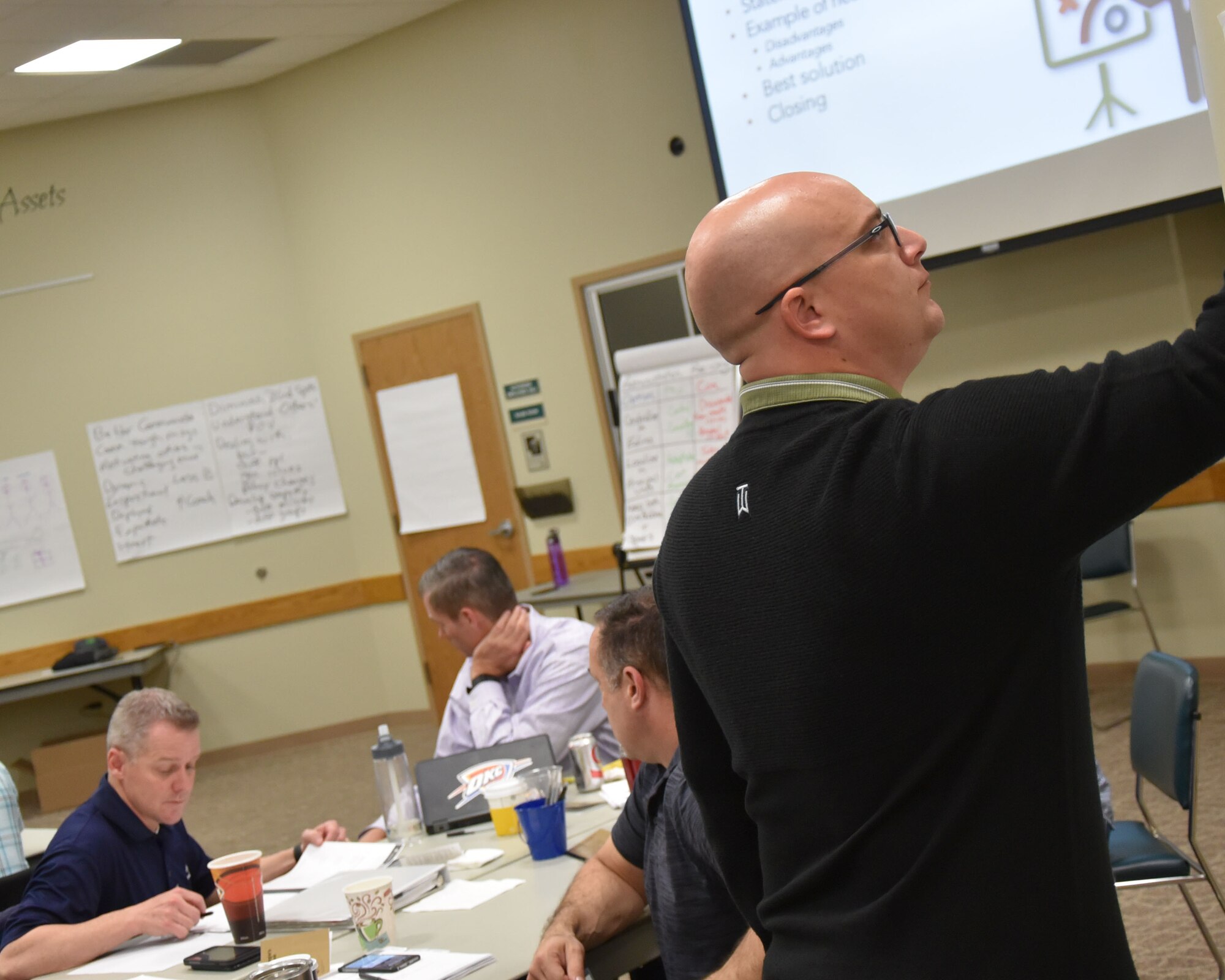Leadership from the 931st Air Refueling Wing perform an exercise during a Dale Carnegie Leadership Advantage course at the Derby Chamber of Commerce March 31, 2017. The two-day course included all commanders, superintendents and civilian leaders from each squadron in the wing. The course is aimed at helping leaders maximize the talent and human potential of their people, while also enhancing leadership communication.
