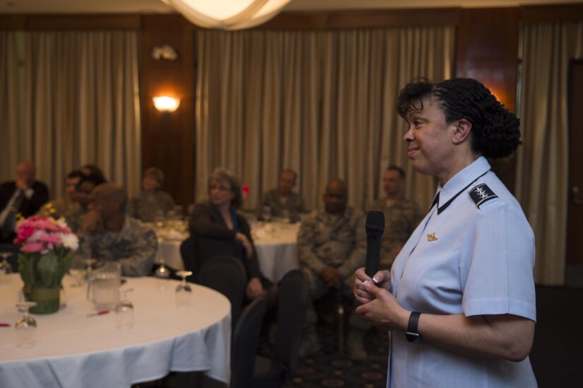 Lt. Gen. Stayce Harris, assistant vice chief of staff, Headquarters U.S. Air Force, Washington, D.C., speaks at Joint Base Andrews, Md., for Women’s History Month, March 31, 2017. Harris, the highest ranking African American woman in the Air Force, spoke of the challenges she overcame to get where she is today. (U.S. Air Force photo by Senior Airman Mariah Haddenham)