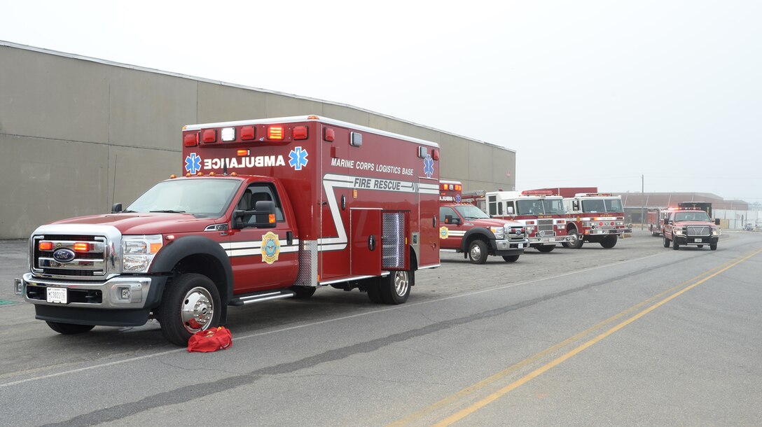 Marine Corps Logistics Base Albany firefighters and paramedics respond to a simulated hazardous material release while participating in Exercise Vigilant Guard aboard the installation, March 29. 