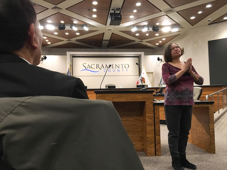 Kathern Bond, program analyst for the U.S. Army Corps of Engineers Sacramento District, delivers her winning speech at a recent Area 52 Table Topics Speech Contest in Sacramento, California.