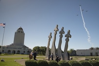 A formation of T-34 Mentors perform a missing man flyover during the Freedom Flyer Reunion wreath laying ceremony March 31, 2017, at Joint Base San Antonio-Randolph, Texas. The event honors all prisoners of war and missing in action service members from the Vietnam War and included a wreath-laying ceremony and a missing man formation flyover.  (U.S. Air Force photo by Sean M. Worrell) 