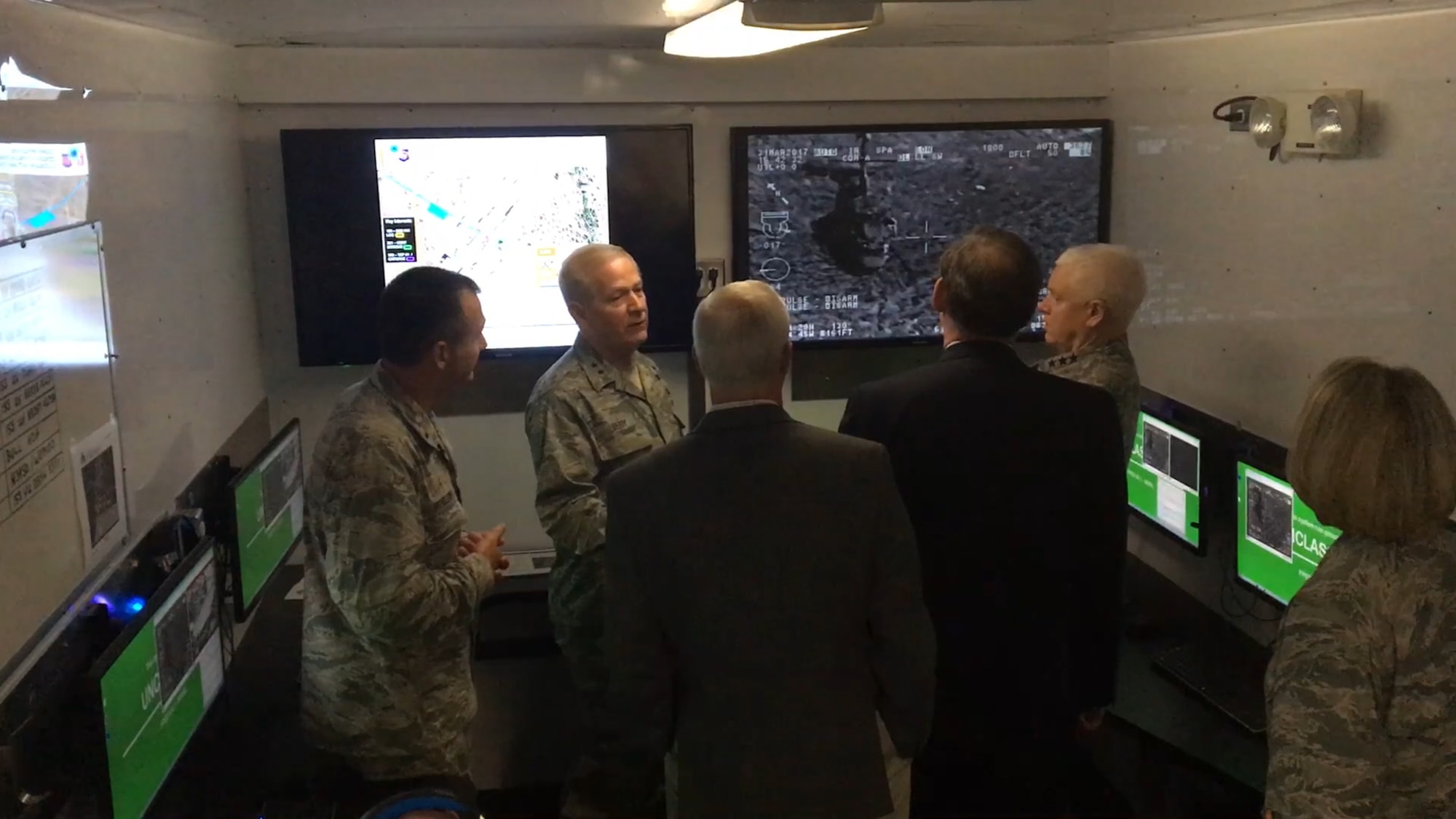 Lt. Gen. L. Scott Rice, director of the Air National Guard, is shown the 188th Wing’s remote air, zonal operations, reach back-processing, assessment and dissemination (RAZORBack PAD) March 31, 2017, while visiting Ebbing Air National Guard Base, Fort Smith, Ark. The RAZORBack PAD was used to show how 188th Airmen can monitor video footage from aircraft while in a mobile location. (U.S. Air National Guard photo by Tech. Sgt. Chauncey Reed)