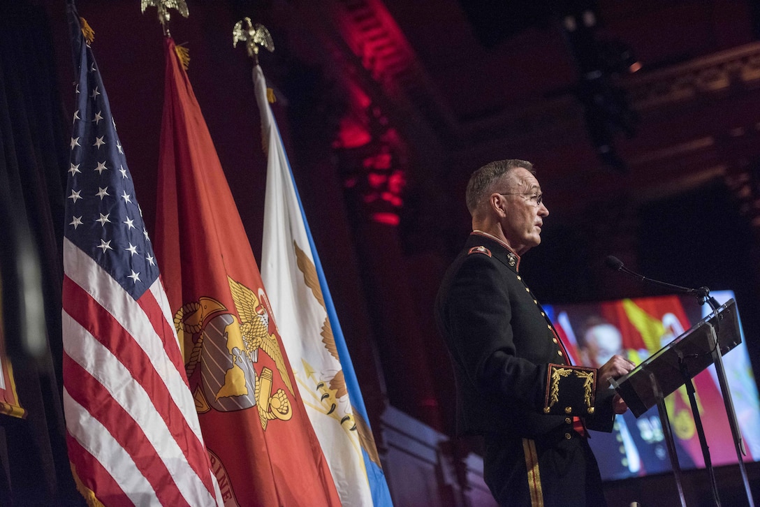 Marine Corps Gen. Joe Dunford, chairman of the Joint Chiefs of Staff, speaks at the Marine Corps-Law Enforcement Foundation gala in New York City, March 30, 2017. Dunford presented the 2017 Commandant's Leadership Award to retired Gen. Peter Pace, the 16th chairman of the Joint Chiefs of Staff. DoD photo by Navy Petty Officer 2nd Class Dominique A. Pineiro