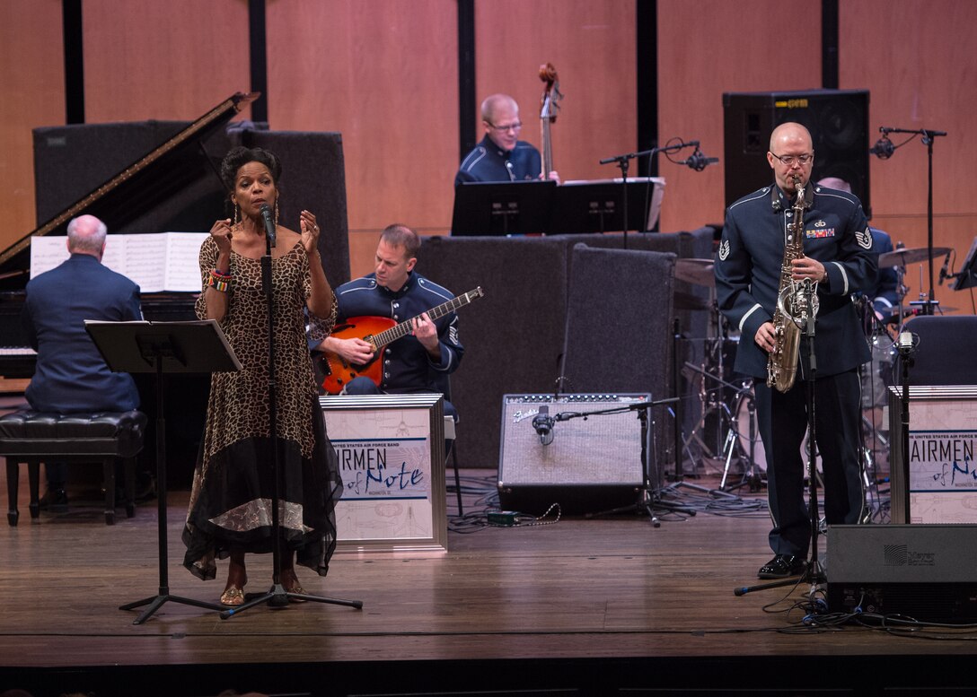 Technical Sgt. Tedd Baker shares the stage with legendary vocalist Nnenna Freelon on February 9, 2017 as part of the critically acclaimed Jazz Heritage Series at the Rachel M. Schlesinger concert hall in Alexandria, VA. (Photo by Chief Master Sgt. Bob Kamholz)