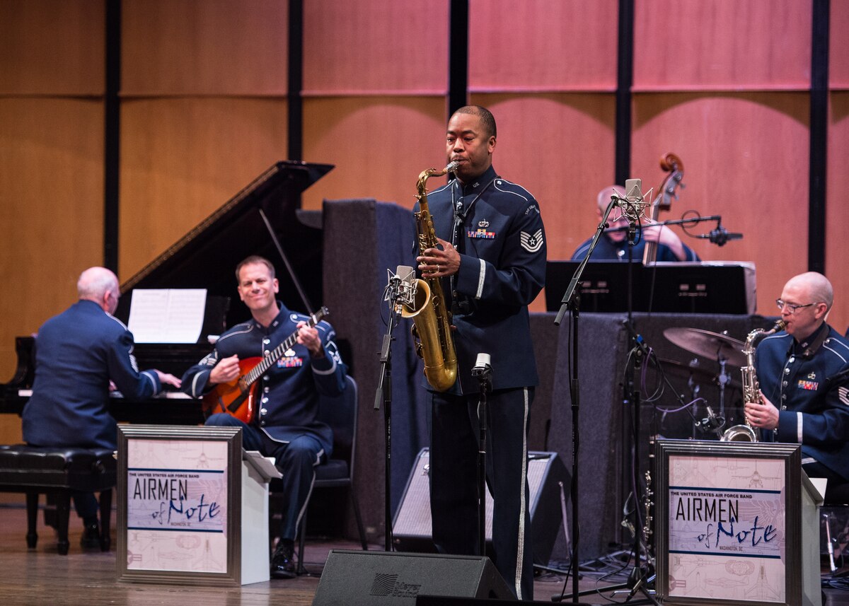 Technical Sgt. Grant Langford performs a featured solo as part of the 2017 Jazz Heritage Series at the Rachel M. Schlesinger concert hall in Alexandria, VA. (Photo by Chief Master Sgt. Bob Kamholz)