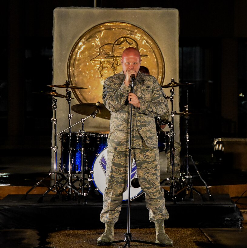 Senior Master Sgt. Ryan Carson belts out the vocals to the new single by Max Impact, Find You,” while on location at Joint Base San Antonio, TX. The video is set to be released on May 1, 2017. (Photo by Technical Sgt. Chad Randolph) 