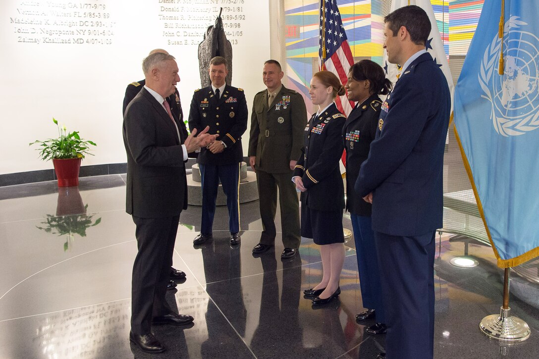 Defense Secretary Jim Mattis speaks with service members during a visit to the U.S. Mission to the United Nations in New York City, March 30, 2017. DoD photo by Army Sgt. Amber I. Smith