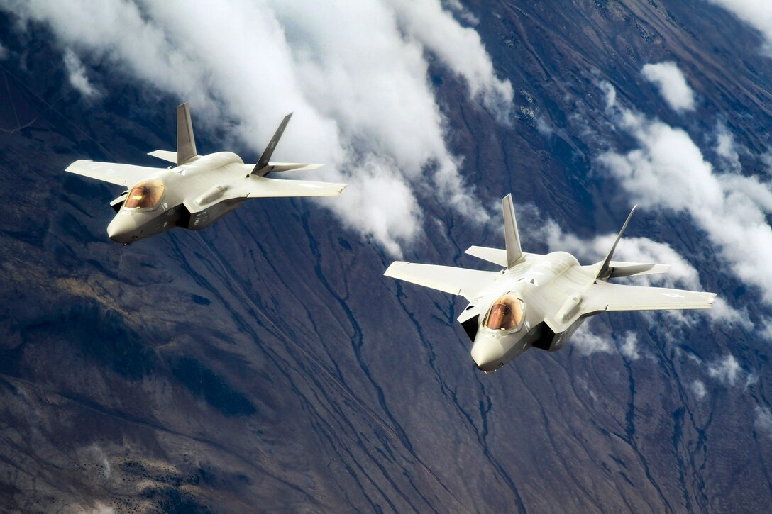 F-35A Lightning II aircraft fly in formation after refueling above the Utah Test and Training Range, March 30, 2017. The aircraft are assigned to the 388th Fighter Wing at Hill Air Force Base, Utah. Air Force photo by R. Nial Bradshaw