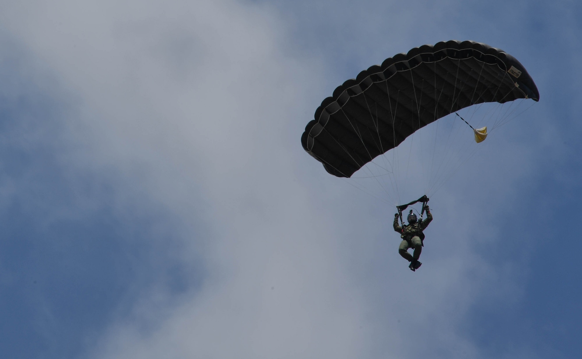 A Greek paratrooper descends to the ground after conducting a military free-fall jump out of a U.S. Air Force C-130J Super Hercules during Exercise Stolen Cerberus IV above Megara, Greece, April 22, 2017. Approximately 20 paratroopers performed the military free-fall jump from the height of 10,000 feet. Through exercises such as this the U.S. strengthens its partnership with its NATO allies. (U.S Air Force photo by Senior Airman Tryphena Mayhugh)