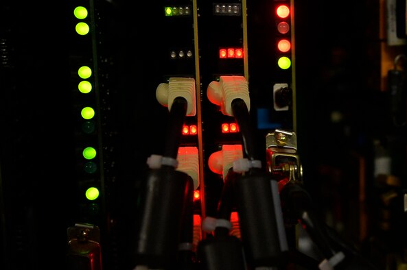 Cables rest in the ports of a communications system on Ramstein Air Base, Germany, April 26, 2017. The 1st Combat Communications Squadron conducted a training exercise featuring the first total force integrated team for U.S. Air Forces in Europe and Air Forces Africa. (U.S. Air Force photo by Airman 1st Class Joshua Magbanua)