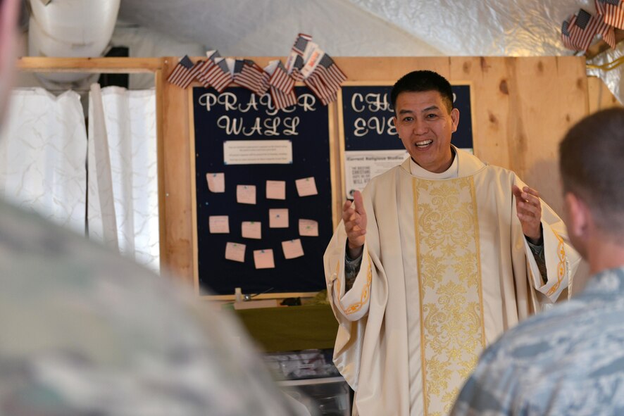 U.S. Air Force Chaplain (Capt.) Peter Vo, 31st Fighter Wing chaplain, conducts a religious service, April 27, 2017, at Diyarbakir Air Base, Turkey. While at Site D, Vo held five services for Airmen. (U.S. Air Force photo by Senior Airman John Nieves Camacho)