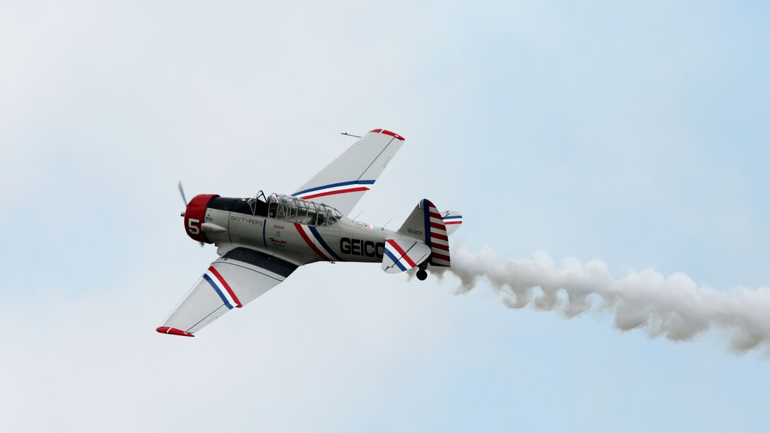 An SNJ-2 aircraft flies over Marine Corps Air Station Beaufort, South Carolina during the 2017 MCAS Beaufort Air Show, April 30, 2017. The Geico Skytypers Airshow Team performs across the U.S. in six vintage World War II aircraft. MCAS Beaufort holds air shows to promote the Marine Corps and Navy recruiting efforts, to demonstrate the full force and capabilities of our military and to show appreciation to all of the members of the surrounding communities who support the men and women who serve this nation and are stationed at the Air Station and in the Tri-Command area.