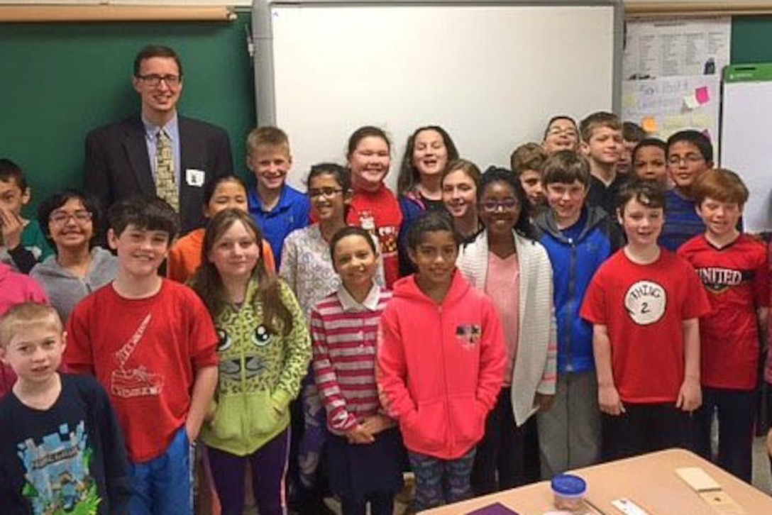 Dr. Mark Tschopp, a materials engineer at the U.S. Army Research Laboratory, poses with a fourth grade class at Homestead-Wakefield Elementary School in Abingdon, Md.,  April 7, 2017. Courtesy photo