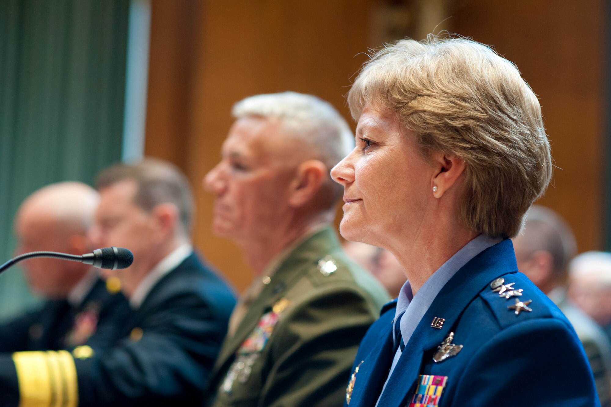 Lieutenant Gen. Maryanne Miller, chief of the Air Force Reserve and commander of Air Force Reserve Command,  testifies alongside the chief of the National Guard Bureau and other services' Reserve chiefs before the Senate Appropriations Committee - Subcommittee on Defense, April 26, 2017. (U.S.
Air Force photo by Tech. Sgt. Kat Justen)

