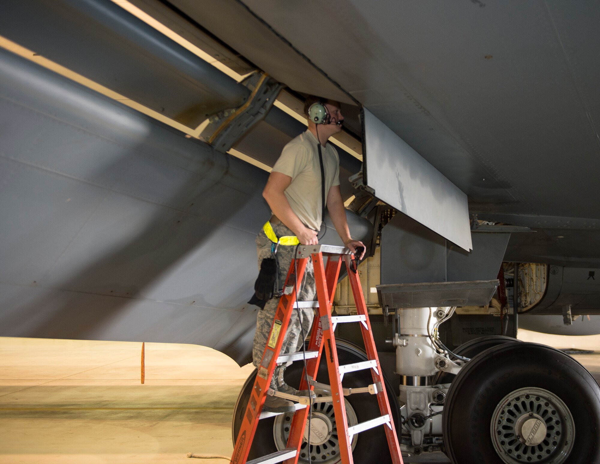 U.S. Air Force Tech. Sgt. Christian Runyon, fuel systems technician with the 379th Expeditionary Maintenance Squadron, watches the gravity transfer valve on a KC-135 Stratotanker at Al Udeid Air Base, Qatar, April 24, 2017. Runyon is in the process of a gravity transfer valve operational check and is responsible for diagnosing and repairing any malfunctions before the aircraft takes flight. (U.S. Air Force photo by Tech. Sgt. Amy M. Lovgren)