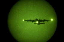 An HC-130J Combat King II from the 71st Rescue Squadron approaches a drop zone during static-line jumps, April 24, 2017, at Moody Air Force Base, Ga. Aircrew members work closely with pararescuemen when conducting jumps. (U.S. Air Force photo by Staff Sgt. Ryan Callaghan)