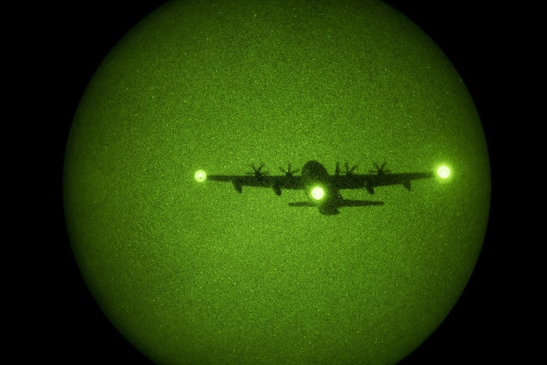 An HC-130J Combat King II from the 71st Rescue Squadron approaches a drop zone during static-line jumps, April 24, 2017, at Moody Air Force Base, Ga. Aircrew members work closely with pararescuemen when conducting jumps. (U.S. Air Force photo by Staff Sgt. Ryan Callaghan)