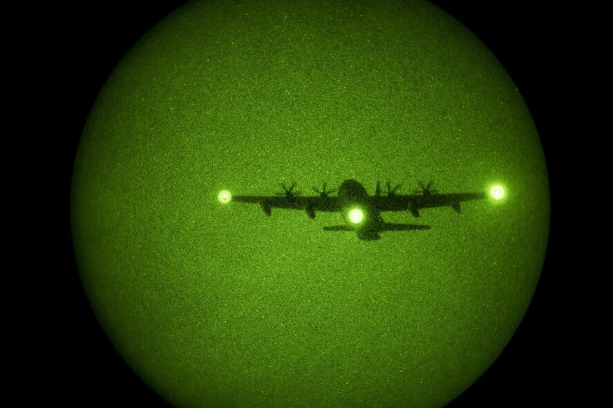 An HC-130J Combat King II from the 71st Rescue Squadron approaches a drop zone during static-line jumps, April 24, 2017, at Moody Air Force Base, Ga. Aircrew members work closely with pararescuemen when conducting jumps. (U.S. Air Force photo by Staff Sgt. Ryan Callaghan)