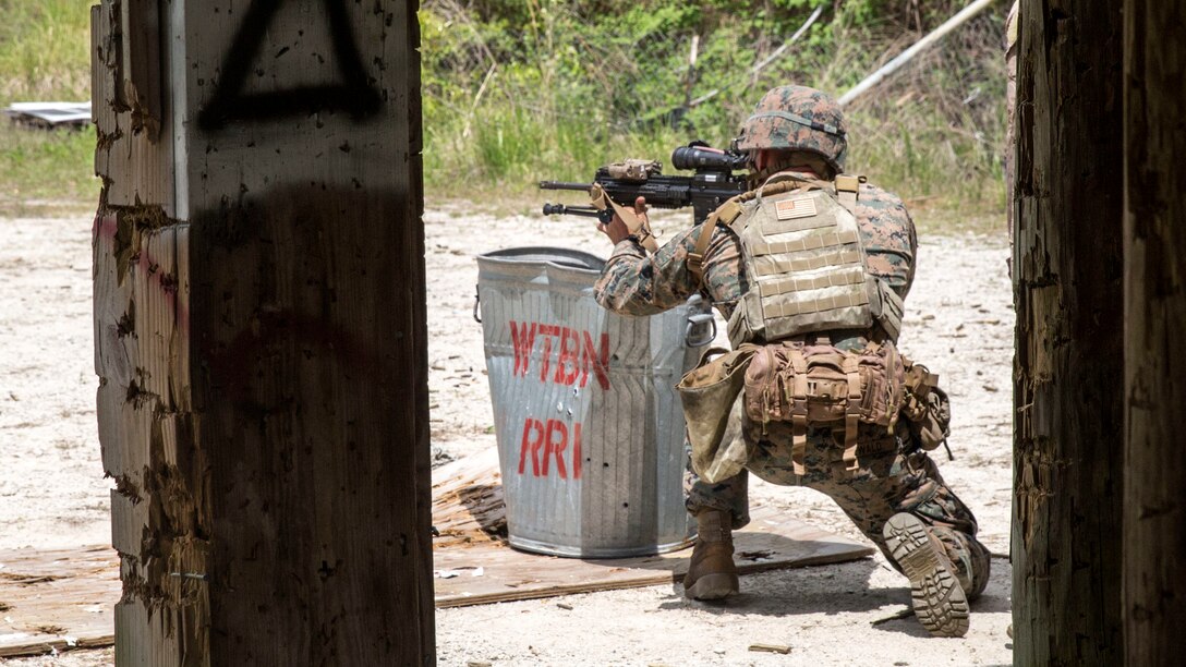 A Marine assumes an alternative shooting position at the end of a timed sniper course exercise at Camp Lejeune, N.C., April 19, 2017. The Expeditionary Operations Training Group ran the course to teach long-range precision marksmanship to Marines from different units. The students are with the 2nd Reconnaissance Battalion and the battalion landing team with the 26th Marine Expeditionary Unit.